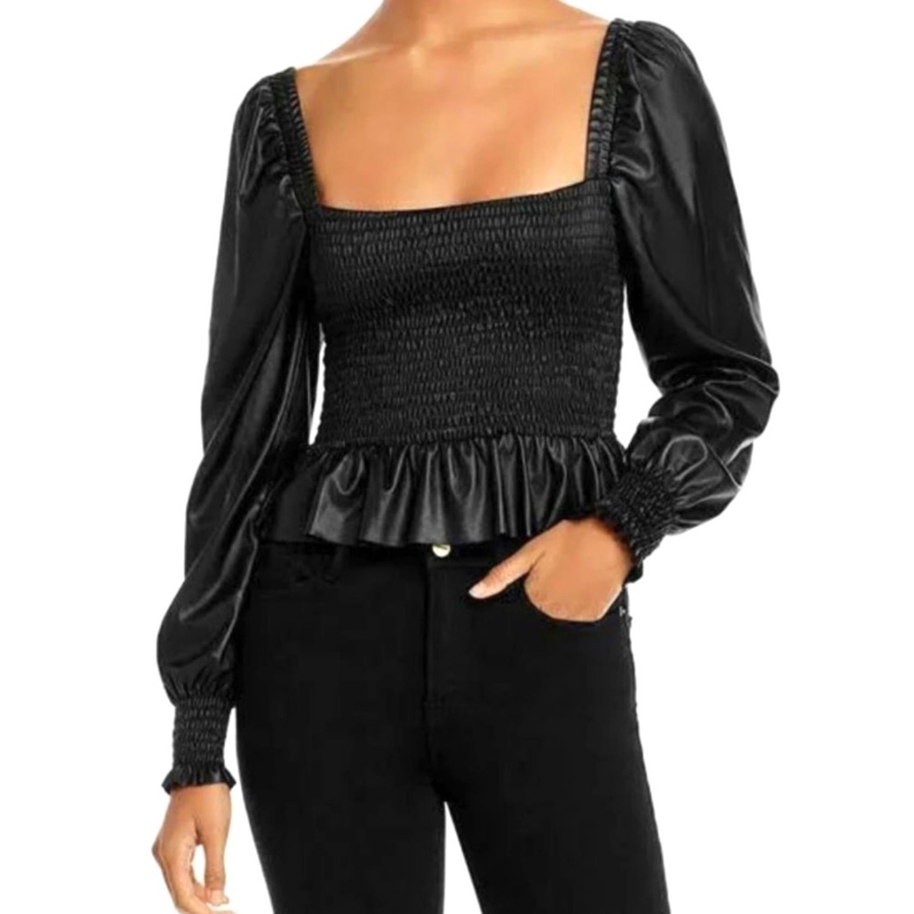 7 FOR ALL MANKIND Faux Leather Square Neck Puff Long Sleeve Smocked Ruffle Top S